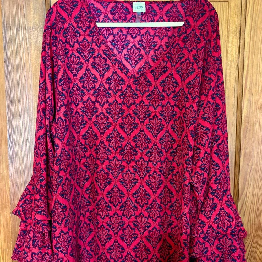 Cupio Curvy Red With Black Print Long Ruffle Bell Sleeve Pullover Top